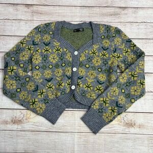 Dazy Gray Cropped Cardigan Sweater Size MD Floral Fair Isle Pattern Yellow Green